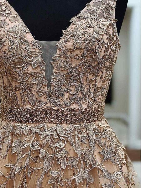 A Line V Neck Long Lace Applique Prom Dresses Cheap Ball Gown INH44
