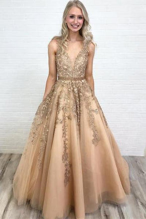 A Line V Neck Long Lace Applique Prom Dresses Cheap Ball Gown INH44