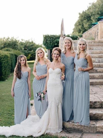 Long One Shoulder Cheap Dusty Blue Bridesmaid Dresses with Slit INO18
