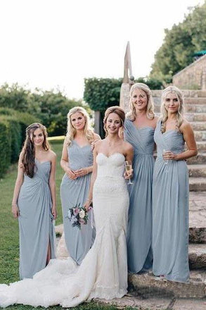 Long One Shoulder Cheap Dusty Blue Bridesmaid Dresses with Slit INO18