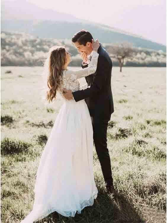 A Line Long Sleeve Lace Appliqued Ivory Beach Wedding Dress INF83