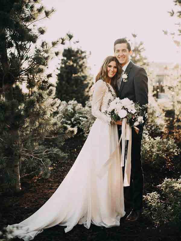 A Line Long Sleeve Lace Appliqued Ivory Beach Wedding Dress INF83