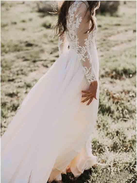 A Line Long Sleeve Lace Appliqued Ivory Beach Wedding Dress INF83