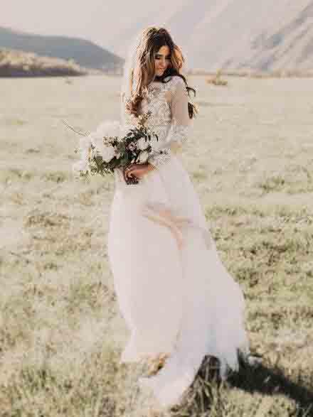 A Line Long Sleeve Lace Appliqued Ivory Beach Wedding Dress INF83