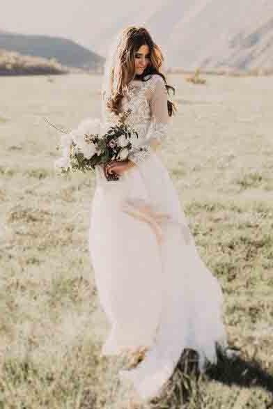 A Line Long Sleeve Lace Appliqued Ivory Beach Wedding Dress INF83
