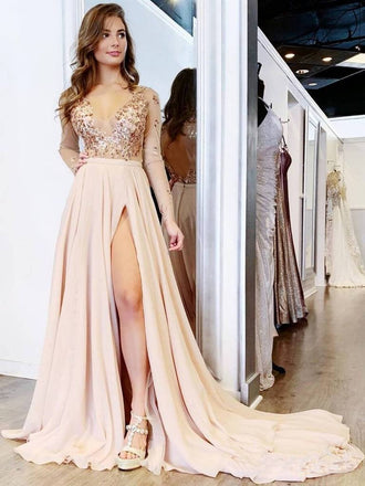 Long Sleeve See Through V Neck Prom Dresses Side Slit Formal Prom Party Dress INH65