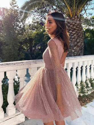 Pink Sequins Long Sleeve Short Homecoming Dresses Backless Formal Dress INO7