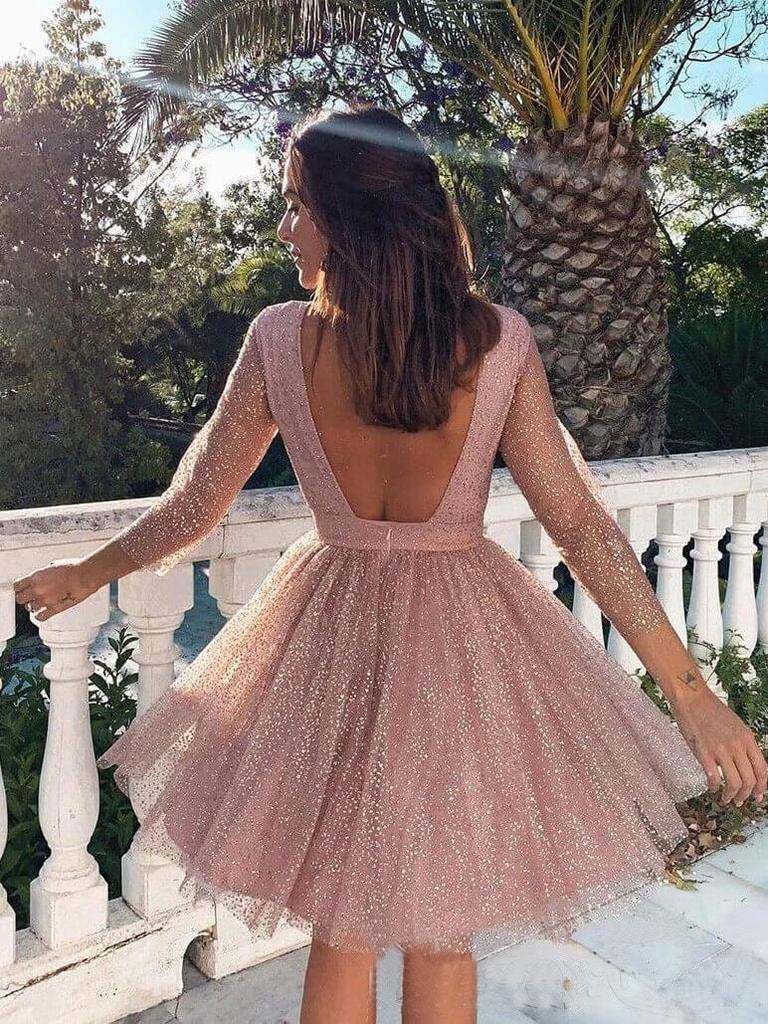 Pink Sequins Long Sleeve Short Homecoming Dresses Backless Formal Dress INO7