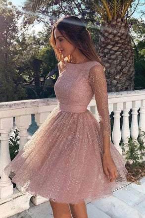 Pink Sequins Long Sleeve Short Homecoming Dresses Backless Formal Dress INO7