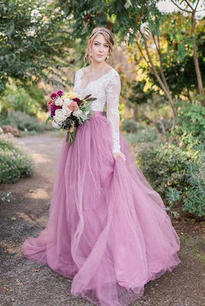 A-Line V-Neck Long Sleeves Pink Tulle Wedding Dresses with Lace Appliques INM80