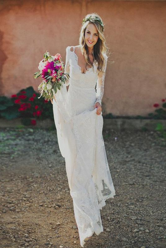 Sheath V-neck Backless Long Sleeves Lace Boho Wedding Dresses INM83