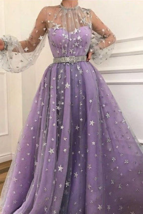 Long Sleeve  A-line Sparkly Star Lace Lilac Long Prom Dresses ING83