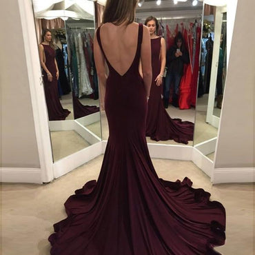 Elegant Mermaid Burgundy Sweep Train Prom Dress with Open Back IN132