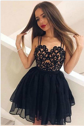 Cute Tulle Short Sweetheart Straps Black Lace Homecoming Dresses INA61