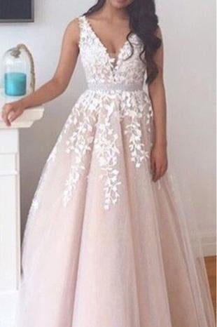 Elegant A-line Long V-neck Long Pink Lace Appliques Wedding Dress IN678