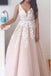Elegant A-line Long V-neck Long Pink Lace Appliques Wedding Dress IN678