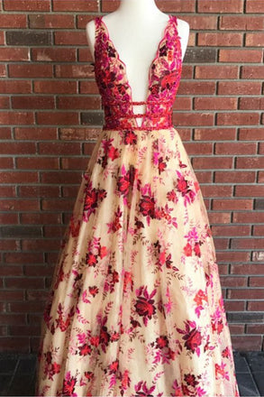 Beautiful V neck Beaded Long A-line Red Floral Prom Dress IN911