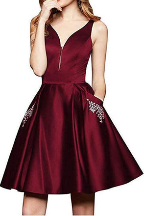Maroon Short A Line Beading Homecoming Dresses with Pocket INO12