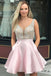 A Line V Neck Sleeveless Homecoming Dress, Beading Satin Short Prom Dresses INN41