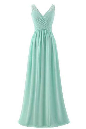 Mint Green V Neck Long Simple Pleated Bridesmaid Dress with Lace  INM57
