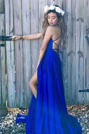 Simple Scoop A Line Split Side Royal Blue Straps Satin Prom Dress IN762