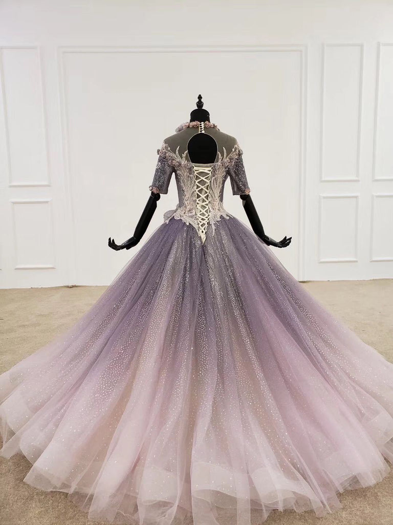Sparkly Ball Gown Half Sleeves Ombre Quinceanera Dress with Flowers INS90