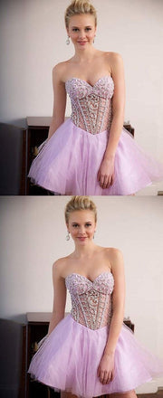 Cute A Line Sweetheart Tulle Pink Beading Homecoming Dresses INC38