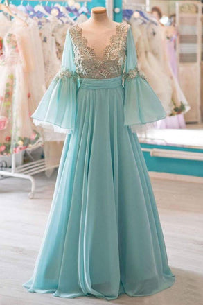 Modest A-line Chiffon Long Prom Dresses With Flare Sleeves INK56