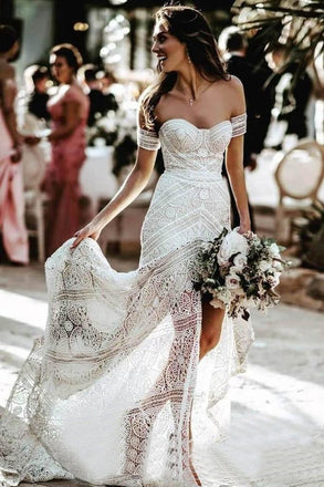 Sweetheart Sheath Lace Bridal Dress Beach Wedding Dresses With Slit INP93