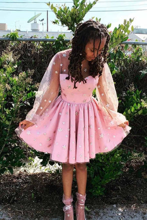 Pink Stars Long Sleeves Tulle Short Homecoming Dresses INM48