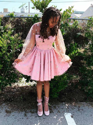 Pink Stars Long Sleeves Tulle Short Homecoming Dresses INM48