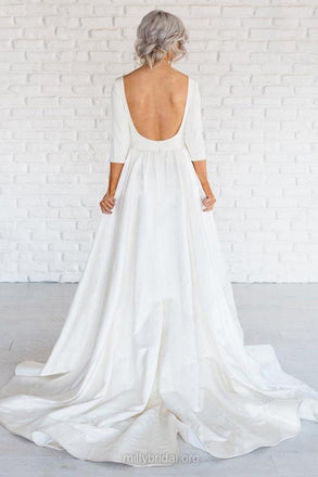 Simple White A-line Satin Sweep Train 3/4 Sleeve Backless Wedding Dresses IN740