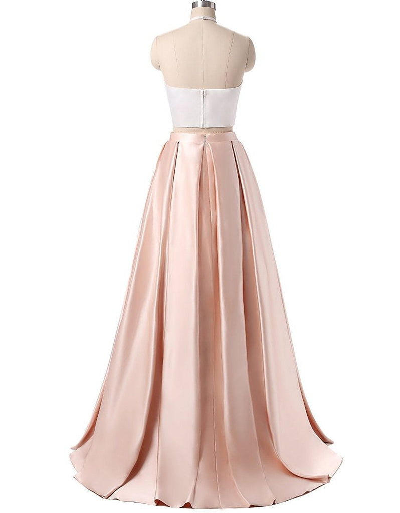 Charming Formal Halter Two Pieces Light Pink Prom Dress, Simple Satin Prom Gowns IN119
