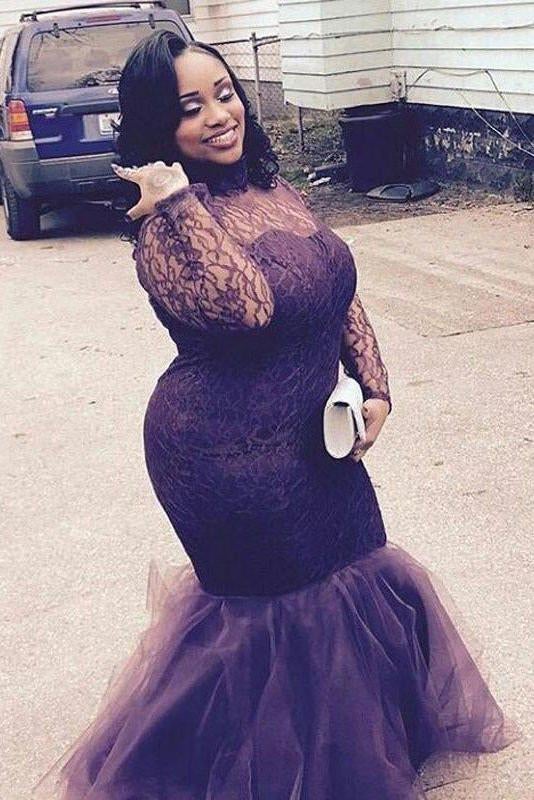 Elegant Mermaid High Neck Long Sleeves Lace Floor-Length Tulle Plus Size Prom Dresses INF39