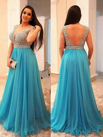 A-Line V-neck Sleeveless Beading Chiffon Ice Blue Plus Size Dresses INF44