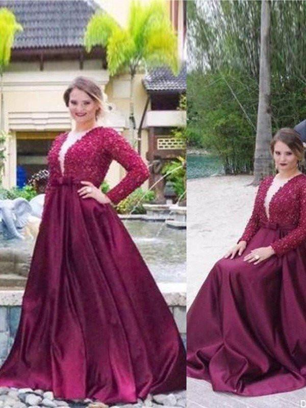 A-Line V-neck Long Sleeves Beading Plus Size Prom Dresses INF38