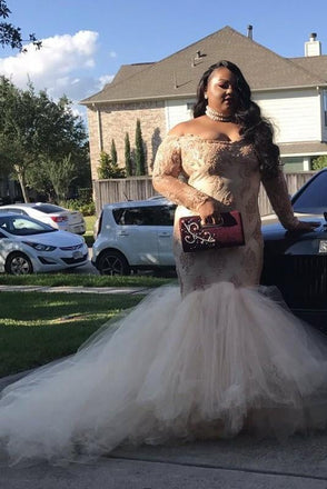 Cheap Mermaid Off-the-Shoulder Long Sleeves Applique Tulle Plus Size Dresses INF46