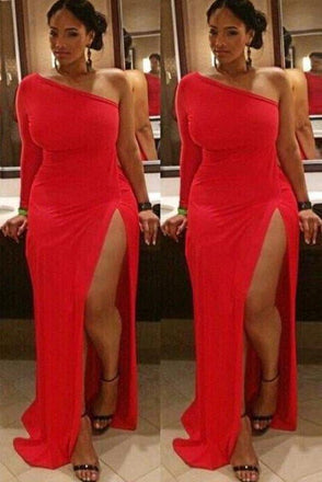 Sheath/Column One Shoulder Long Sleeves Ruched Spandex Split Plus Size Dresses INF48