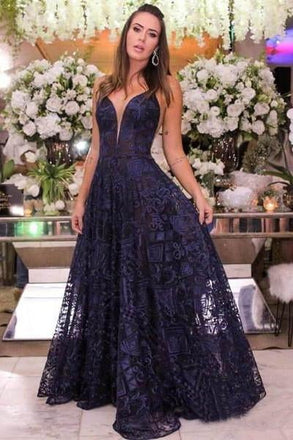 Navy Blue Lace Long Prom Dresses Spaghetti Strap V Neck Cheap Formal Dress INI20