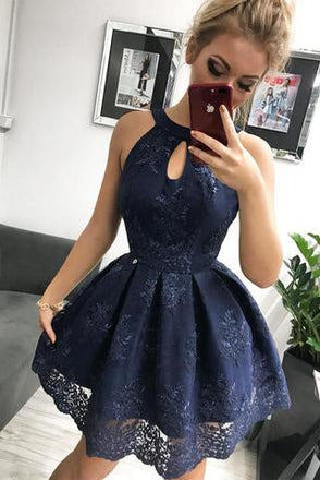 Navy Blue Lace Homecoming Dress, Simple Sleeveless Short Party Dresses INM34