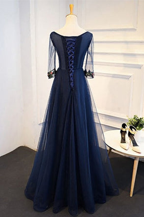 Navy Blue Tulle A-line Flower Appliques Prom Dress With Sleeves,Long Formal Evening Dress INA28