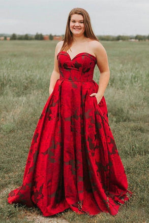 New Arrival Burgundy Sweetheart Floral Long Plus Size Prom Dresses with Pockets INH67
