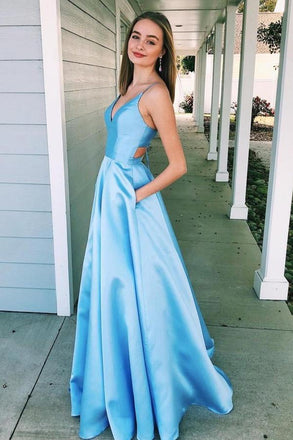 A-Line V-Neck Light Blue Spaghetti Straps Prom Dress with Pockets INJ10