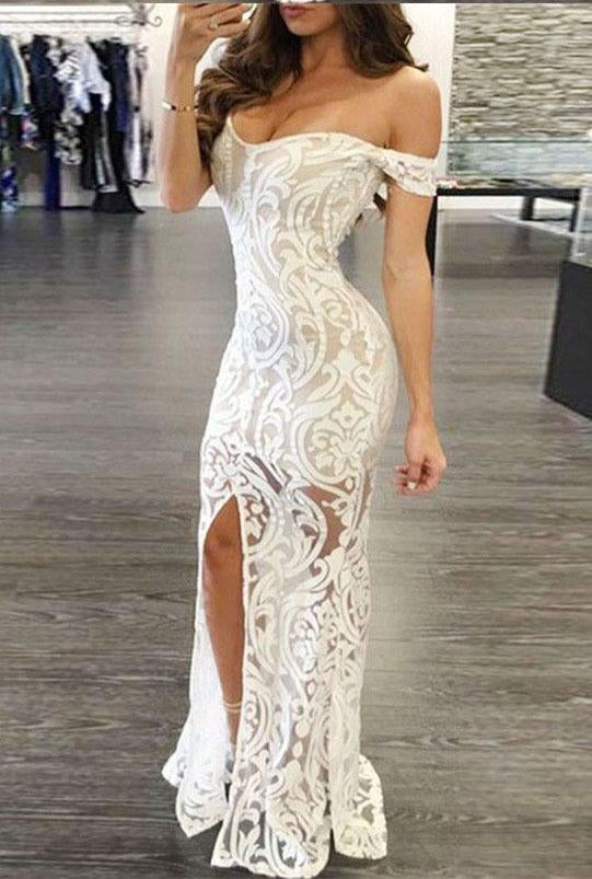 Sexy Sheath Off-the-Shoulder Long Lace Prom Dresses with Split IN808