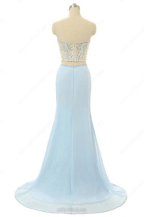 Elegant Mermaid Sweetheart Chiffon Sweep Train Split Front Light Sky Blue Prom Dresses IN621
