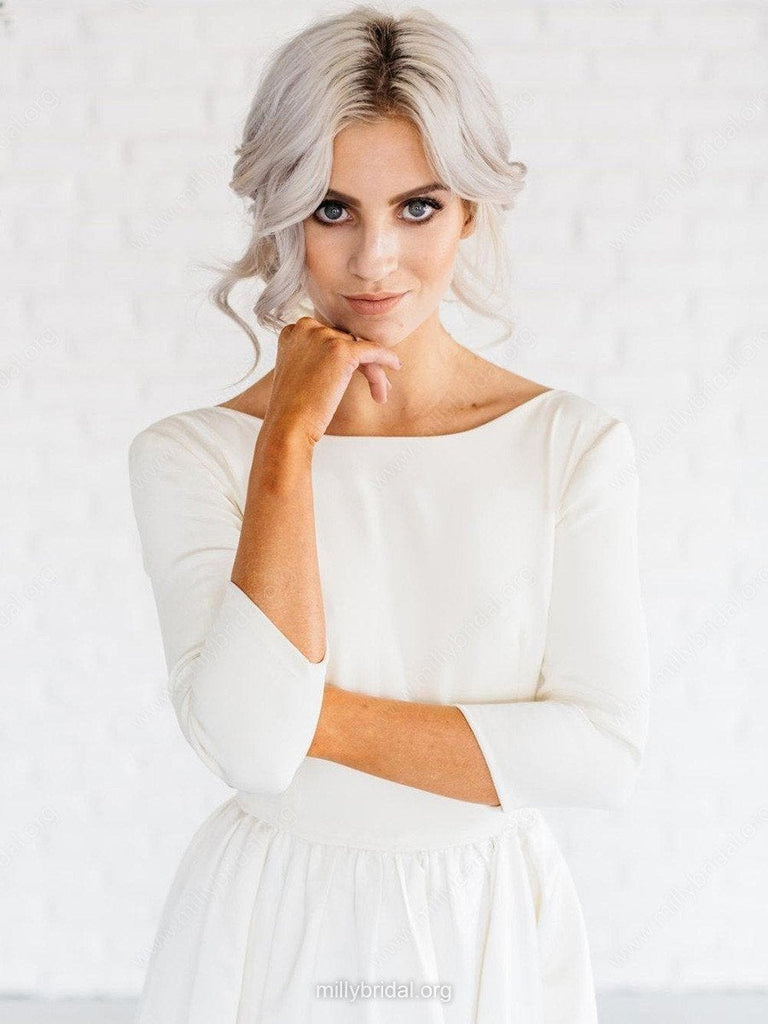Simple White A-line Satin Sweep Train 3/4 Sleeve Backless Wedding Dresses IN740