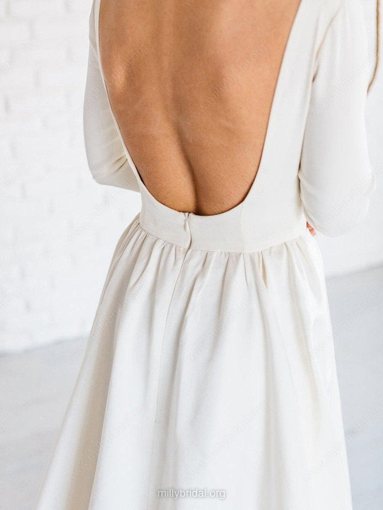 Simple White A-line Satin Sweep Train 3/4 Sleeve Backless Wedding Dresses IN740