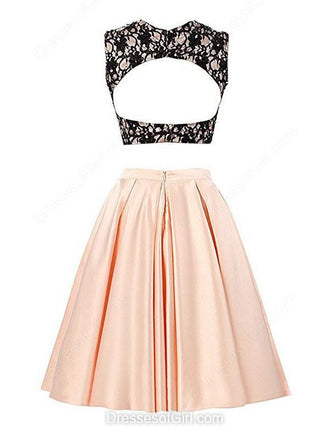 Two Pieces A-line Black Lace Satin Short/Mini Open Back Homecoming Dresses IN229