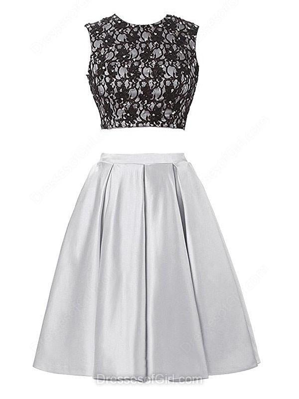 Two Pieces A-line Black Lace Satin Short/Mini Open Back Homecoming Dresses IN229