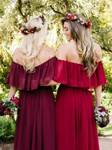Off the Shoulder Burgundy Bridesmaid Dresses Cheap Long Bridesmaid Dress INO23